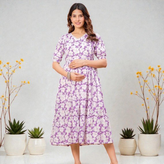 Pure Cotton Feeding Top Maxi Dress for New Mom | Zip Nursing-Purple with white floral print